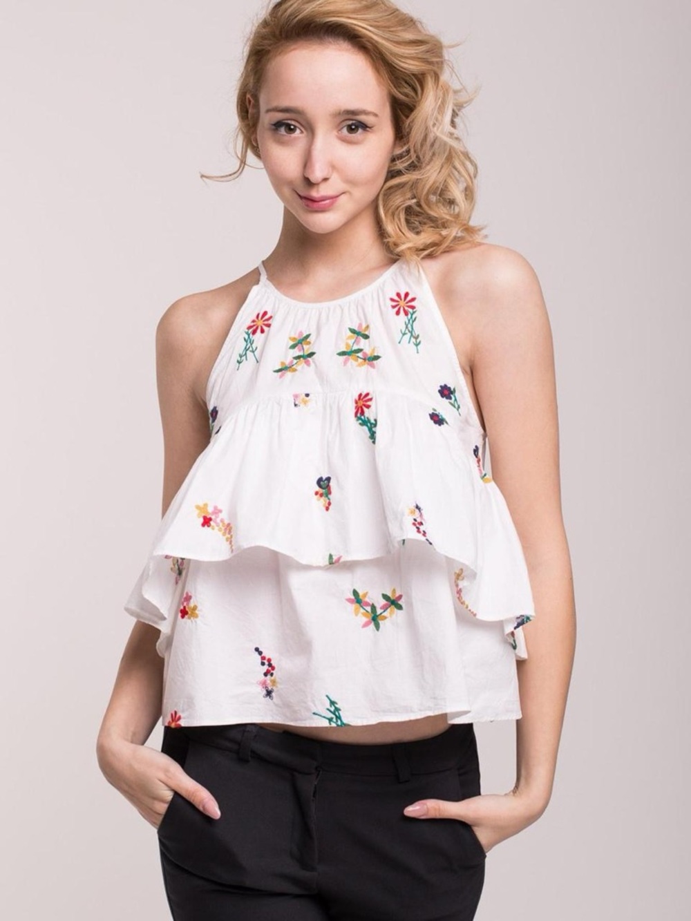 Zara White Embroidered Floral Ruffle Halter Top